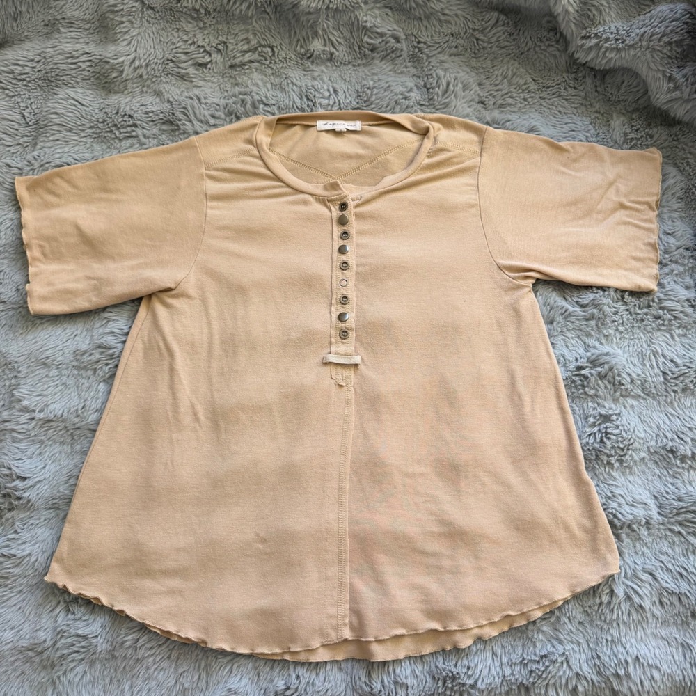 Hope Avenue Womens Tan Henley Short Sleeve Top Raw Hem Beige Size L